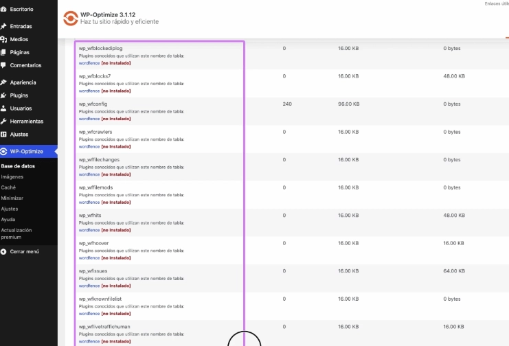 Eliminar tablas con WP-Optimize